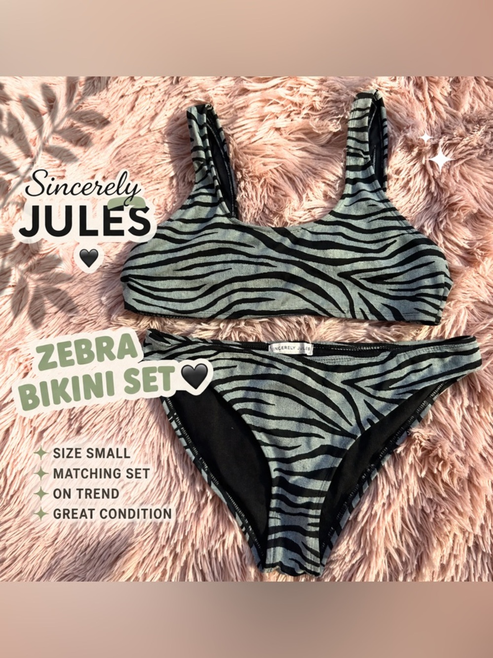 Sincerely Jules Sage and Black Zebra Print Bikini Set Size Small